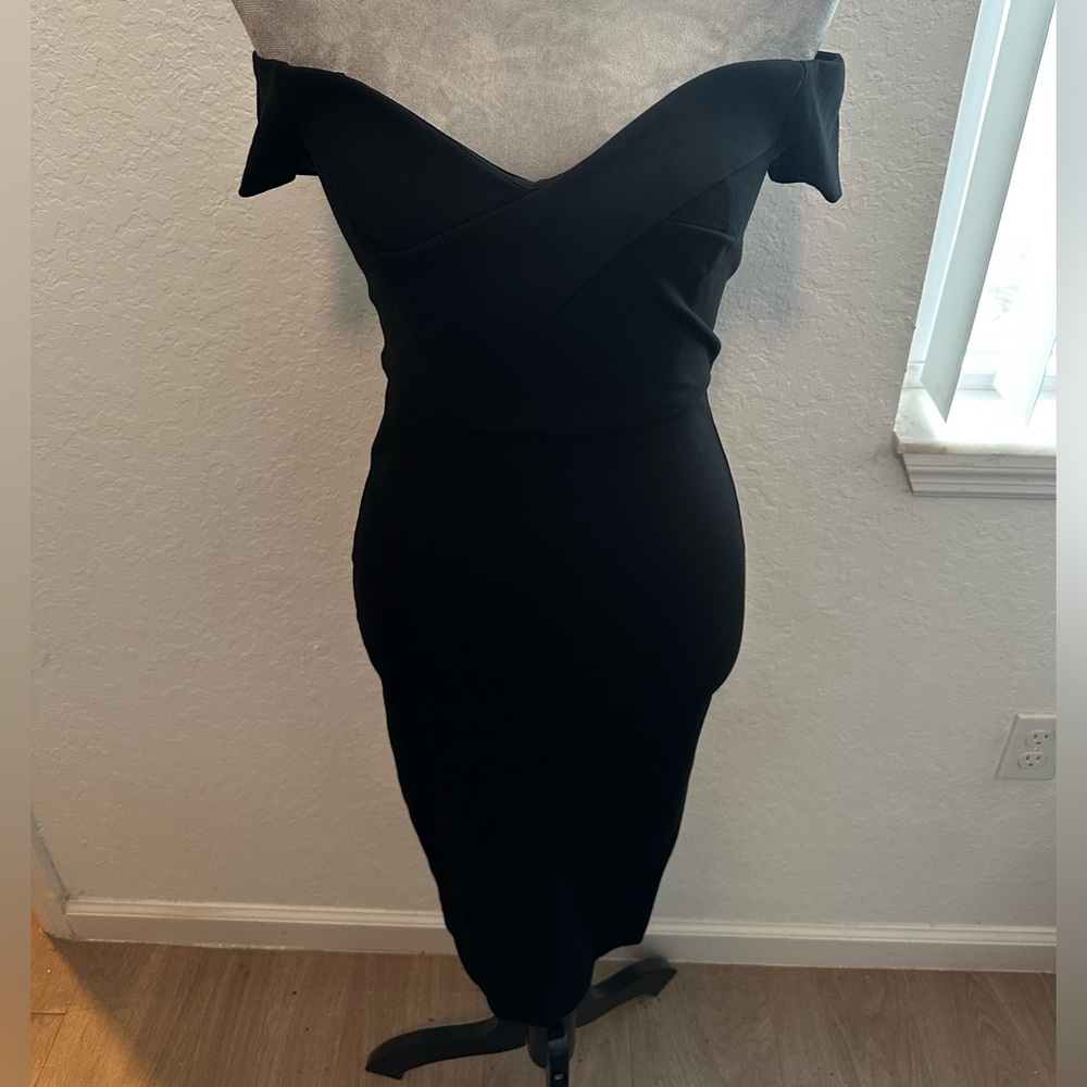 GB Off Shoulder Black Midi Dress Sweetheart Neck Bodycon Cocktail Size S